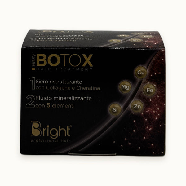Bright easy Botox, trattamento ristrutturante capelli siero e fluido mineralizzante — packshot su fondo crema