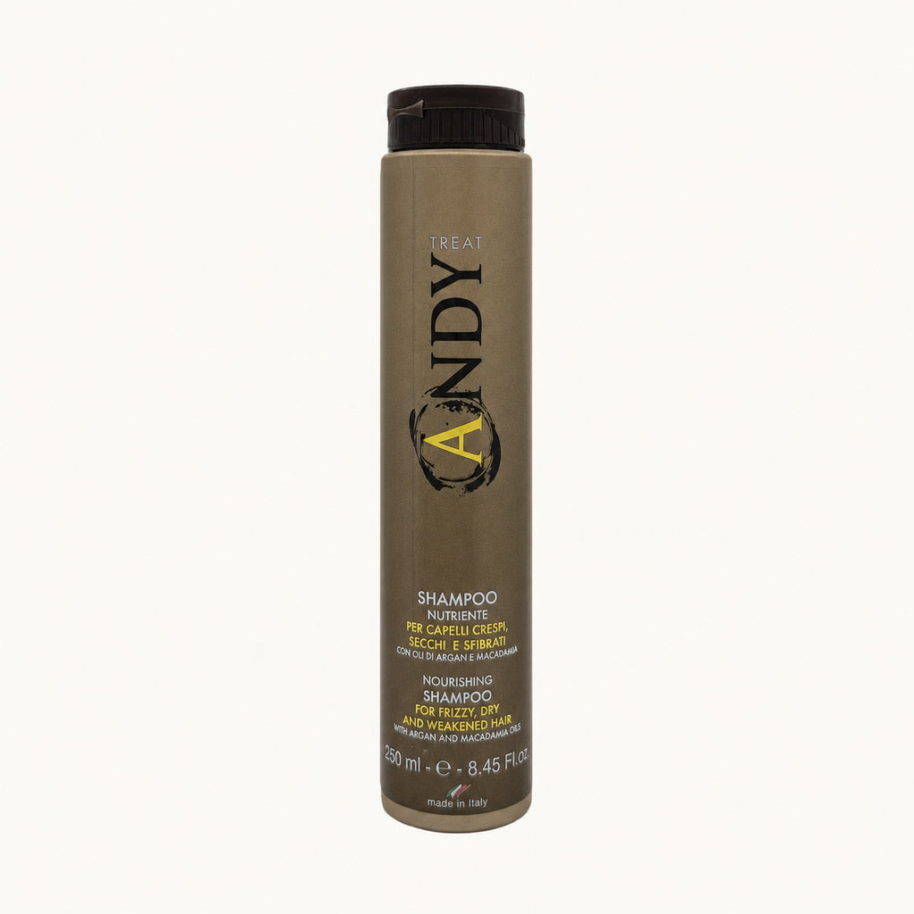 Andy Treat, shampoo nutriente argan e macadamia per capelli secchi 250 ml — packshot su fondo crema