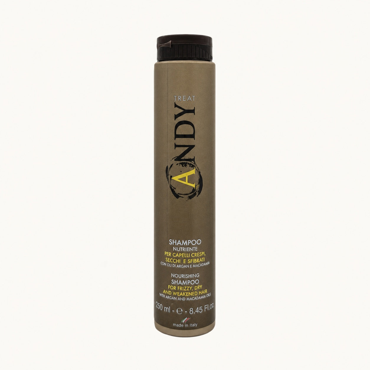 Andy Treat, shampoo nutriente argan e macadamia per capelli secchi 250 ml — packshot su fondo crema