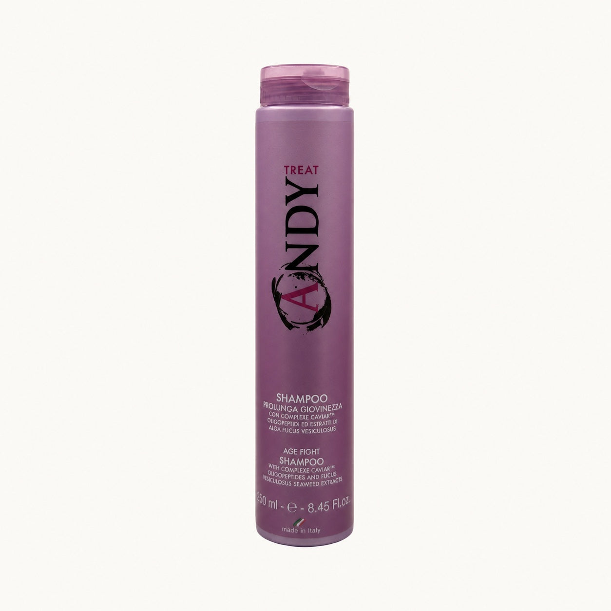 Andy Treat, shampoo antietà al caviale per capelli colorati 250 ml — packshot su fondo crema