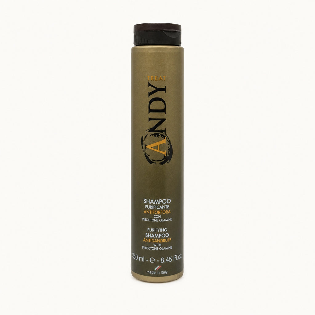 Andy Treat, shampoo purificante antiforfora 250 ml — packshot su fondo crema
