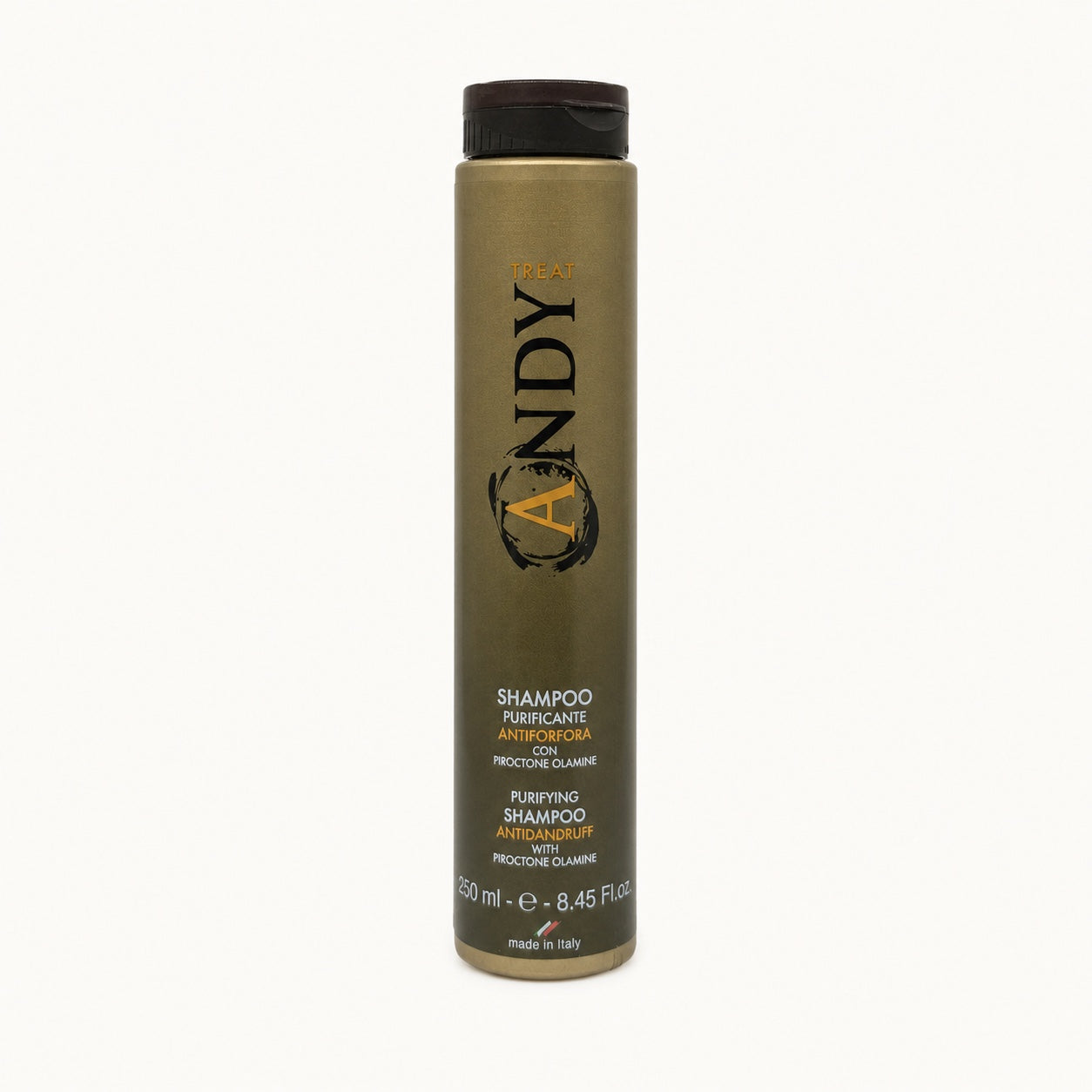 Andy Treat, shampoo purificante antiforfora 250 ml — packshot su fondo crema