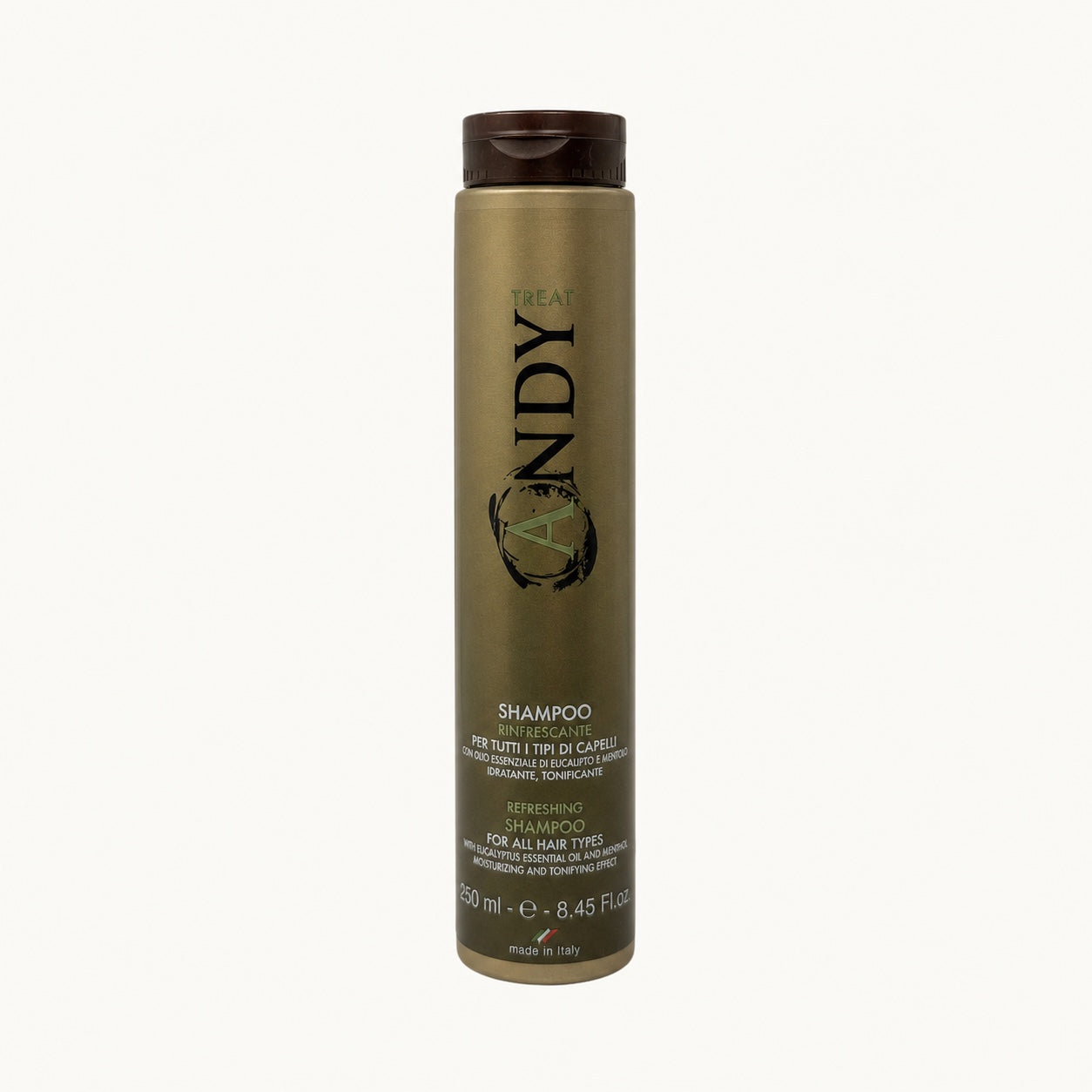 Andy Treat, shampoo rinfrescante eucalipto per il cuoio capelluto 250 ml — packshot su fondo crema