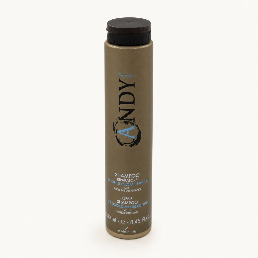 Andy Treat, shampoo riparatore proteine del grano per capelli trattati 250 ml — packshot su fondo crema