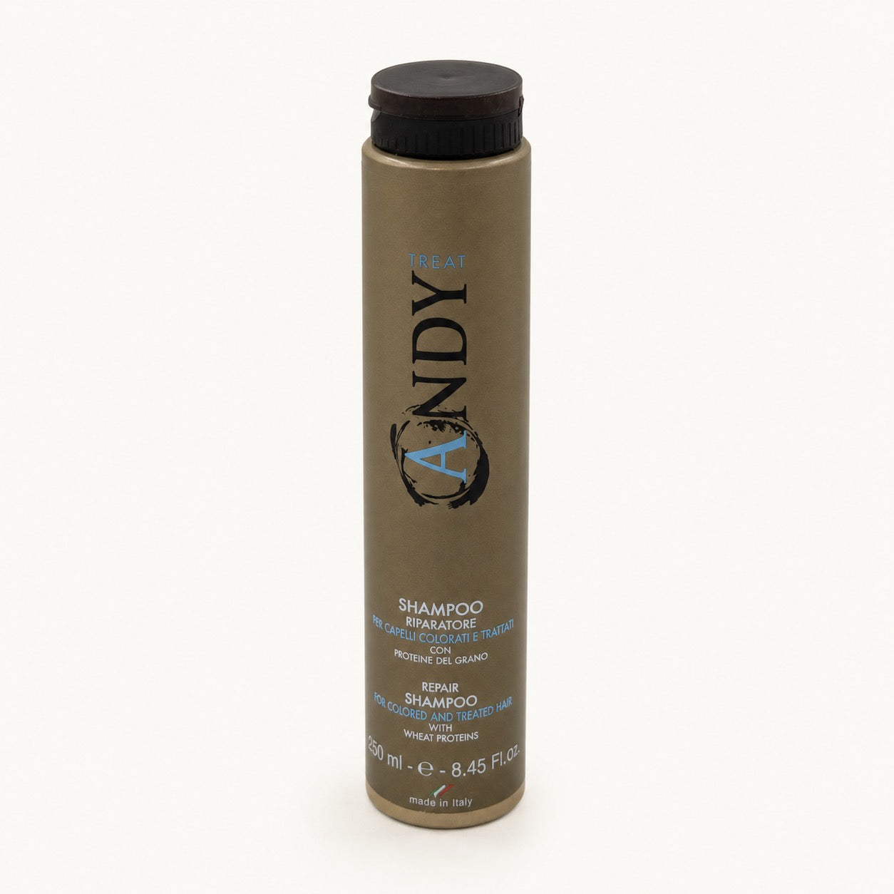 Andy Treat, shampoo riparatore proteine del grano per capelli trattati 250 ml — packshot su fondo crema