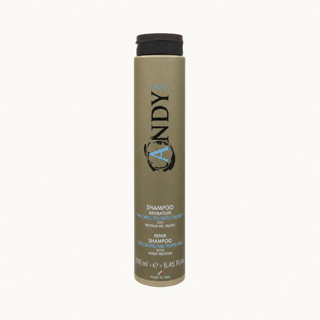 Andy Treat, shampoo riparatore proteine del grano per capelli trattati 250 ml — packshot su fondo crema