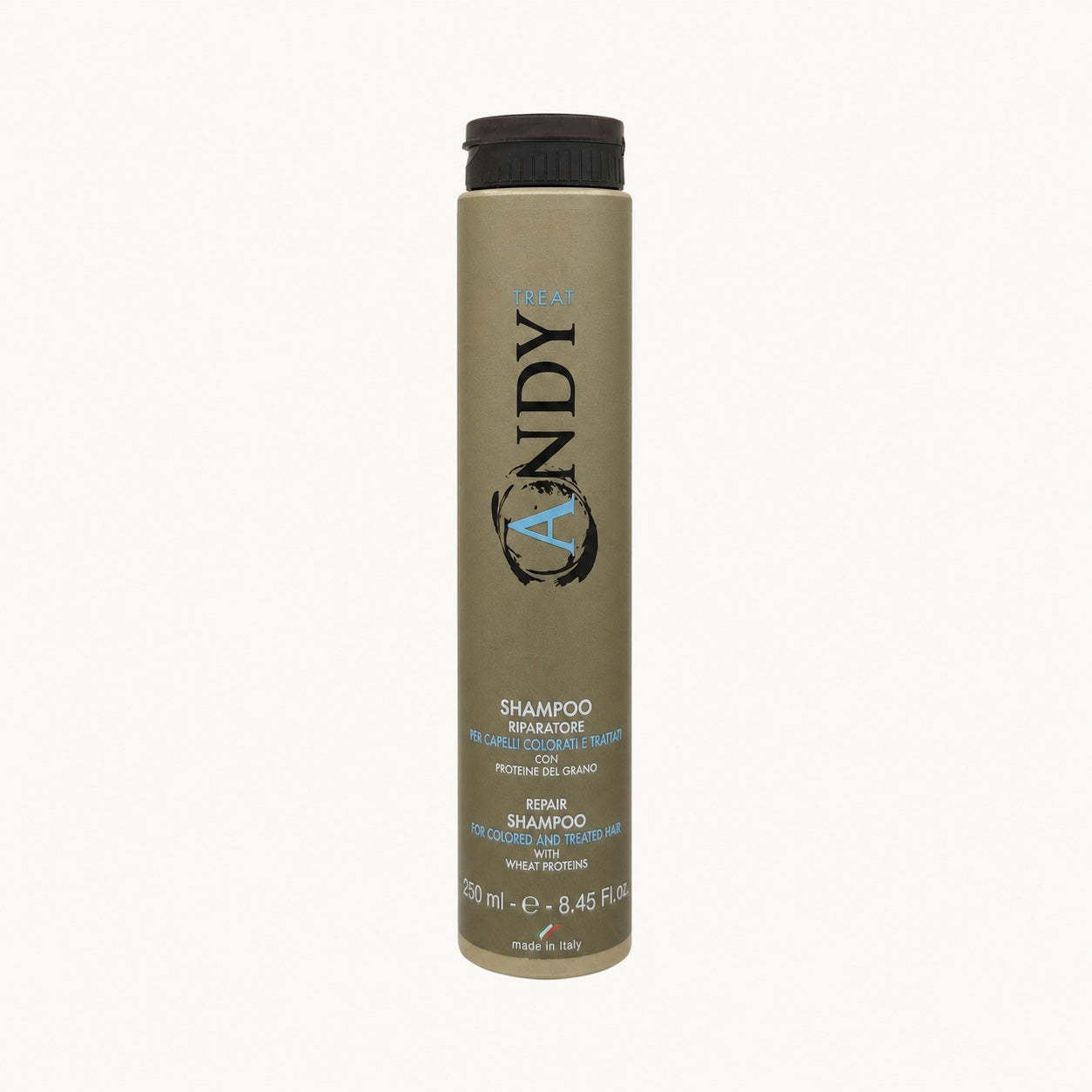 Andy Treat, shampoo riparatore proteine del grano per capelli trattati 250 ml — packshot su fondo crema