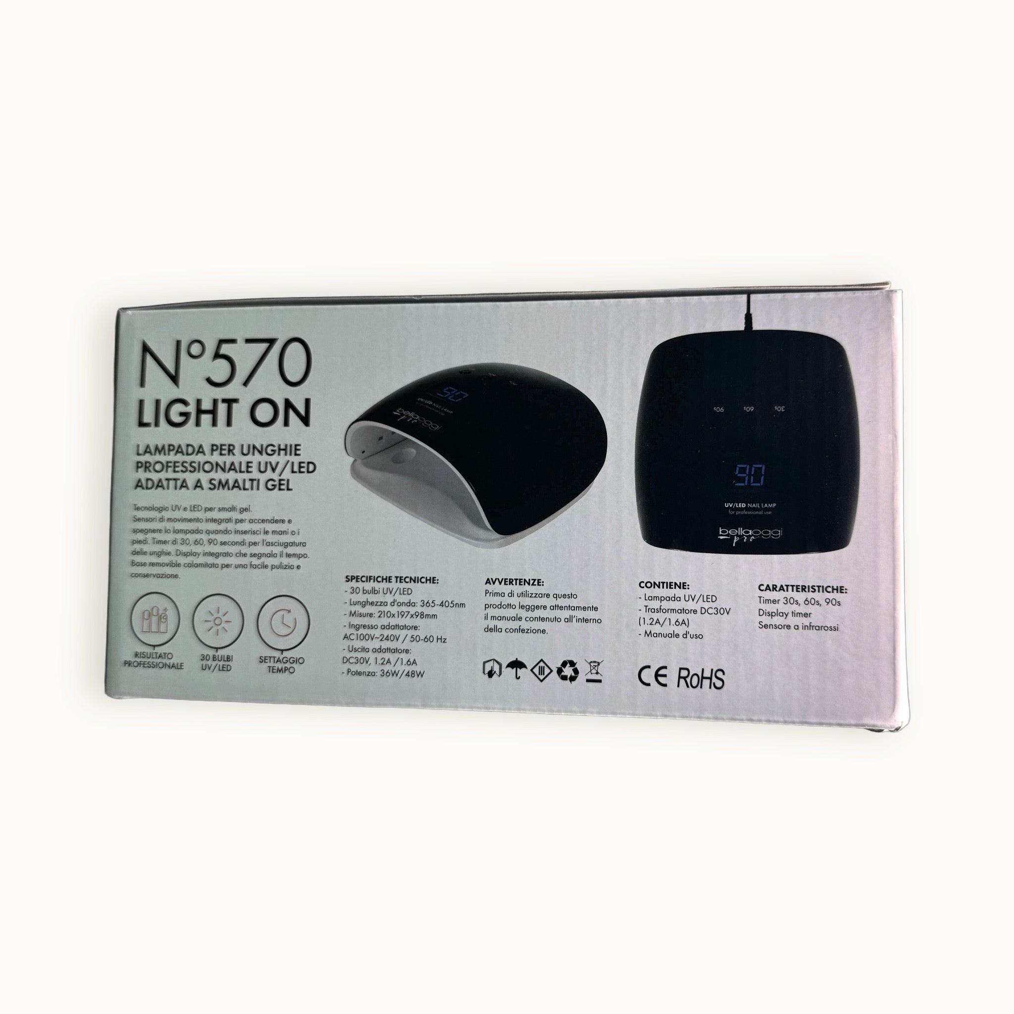 Bellaoggi Pro N°570 Light On Lampada UV/LED per unghie — scatola su fondo crema