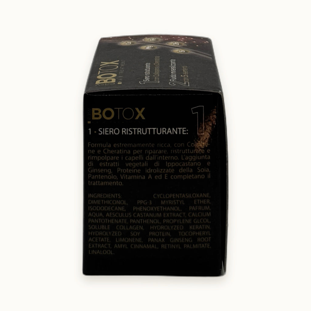 Bright easy Botox, trattamento ristrutturante capelli siero e fluido mineralizzante — packshot su fondo crema