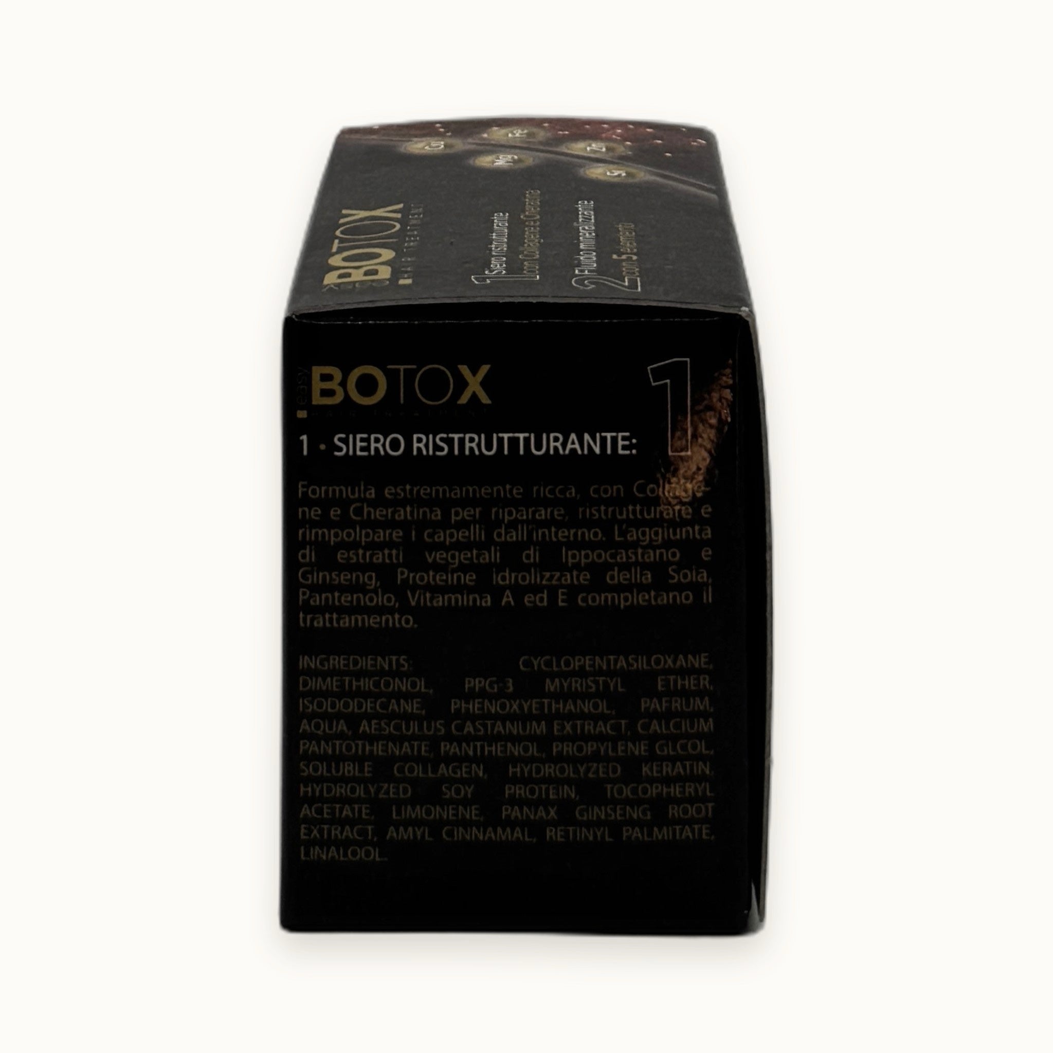Bright easy Botox, trattamento ristrutturante capelli siero e fluido mineralizzante — packshot su fondo crema
