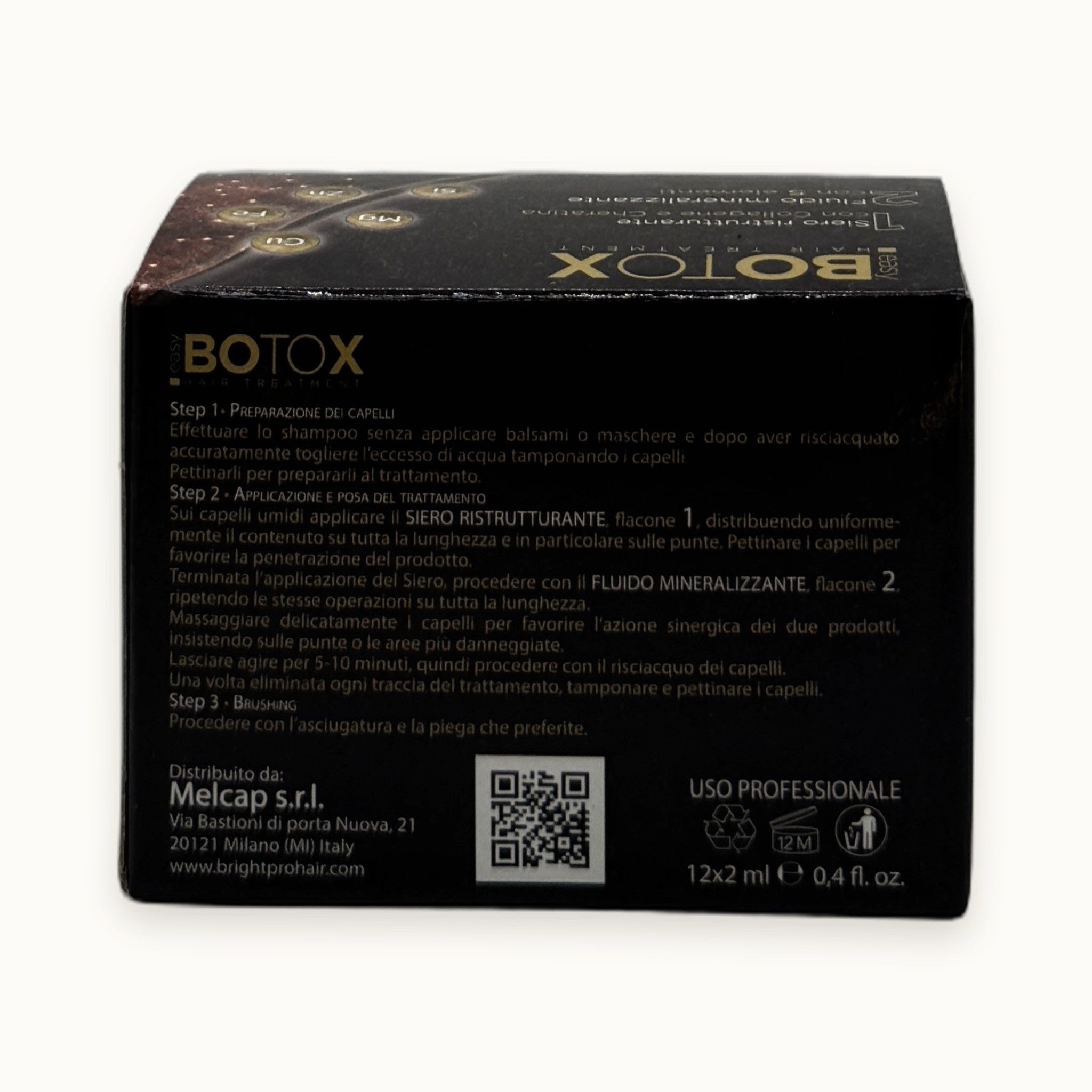Bright easy Botox, trattamento ristrutturante capelli siero e fluido mineralizzante — packshot su fondo crema