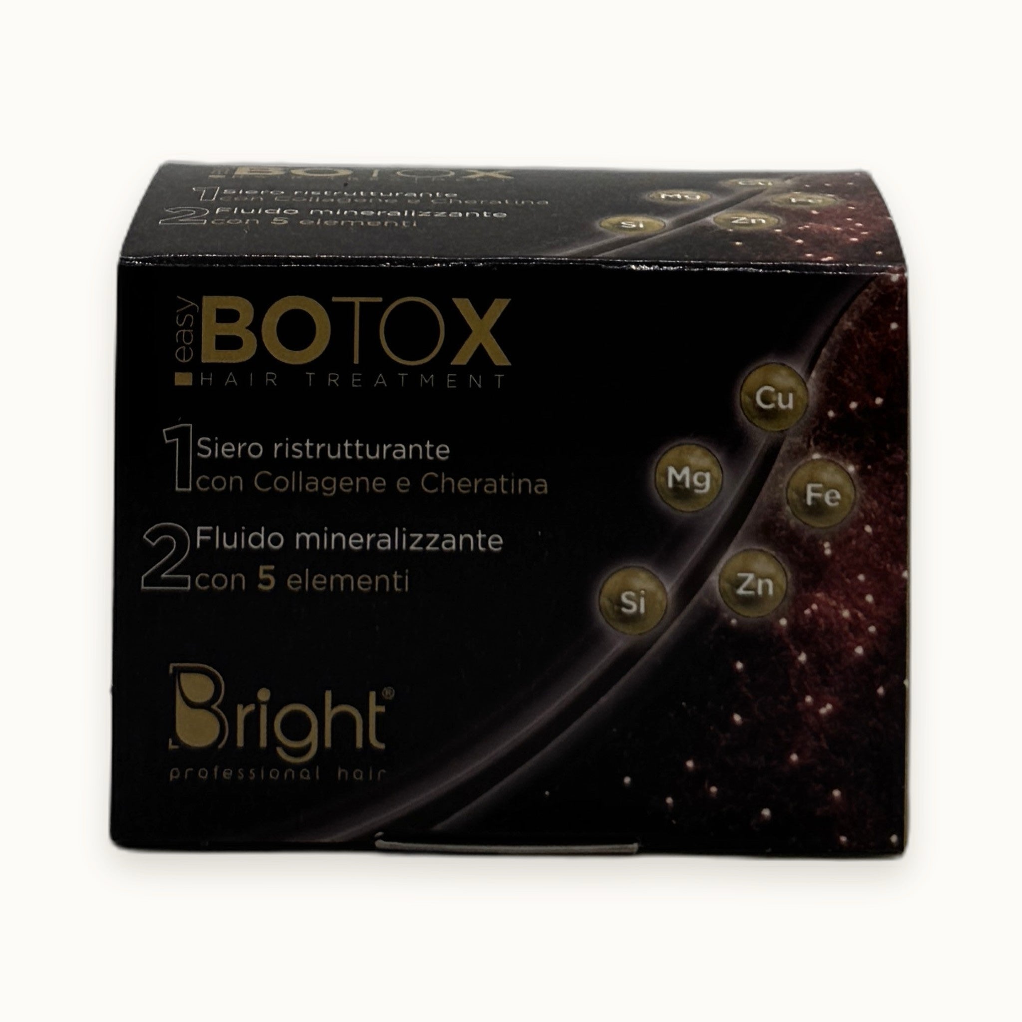 Bright easy Botox, trattamento ristrutturante capelli siero e fluido mineralizzante — packshot su fondo crema