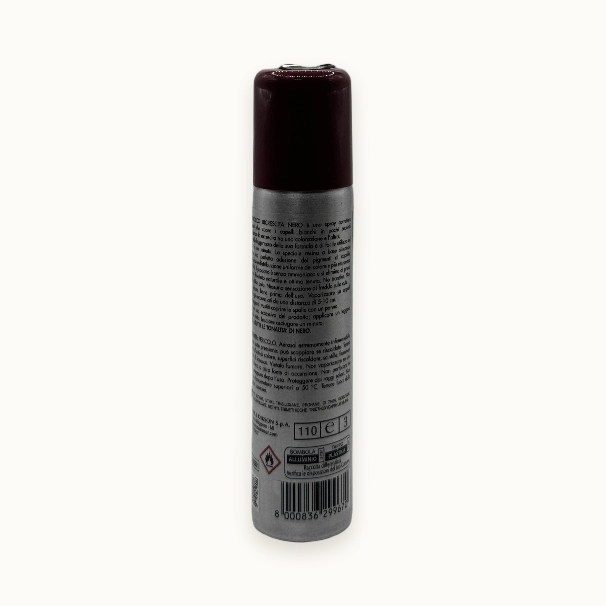 Dikson Ritocco Pop, spray ritocco radici nero 75 ml — packshot su fondo crema