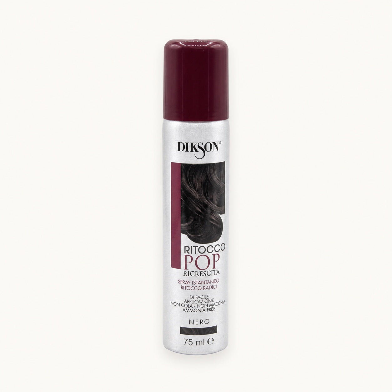 Dikson Ritocco Pop, spray ritocco radici nero 75 ml — packshot su fondo crema