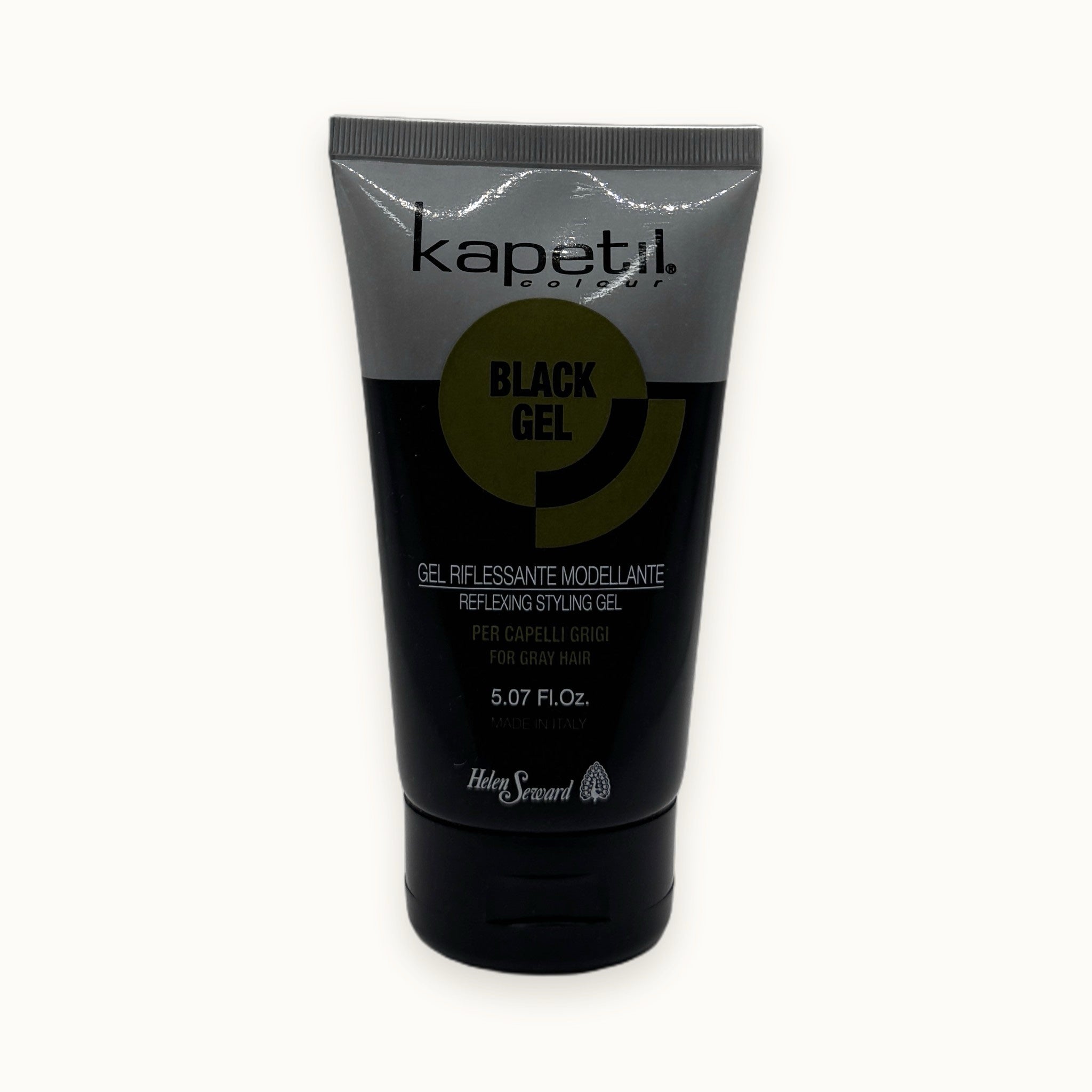 Helen Seward Kapetil Black Gel, gel riflessante capelli grigi 150 ml — packshot su fondo crema