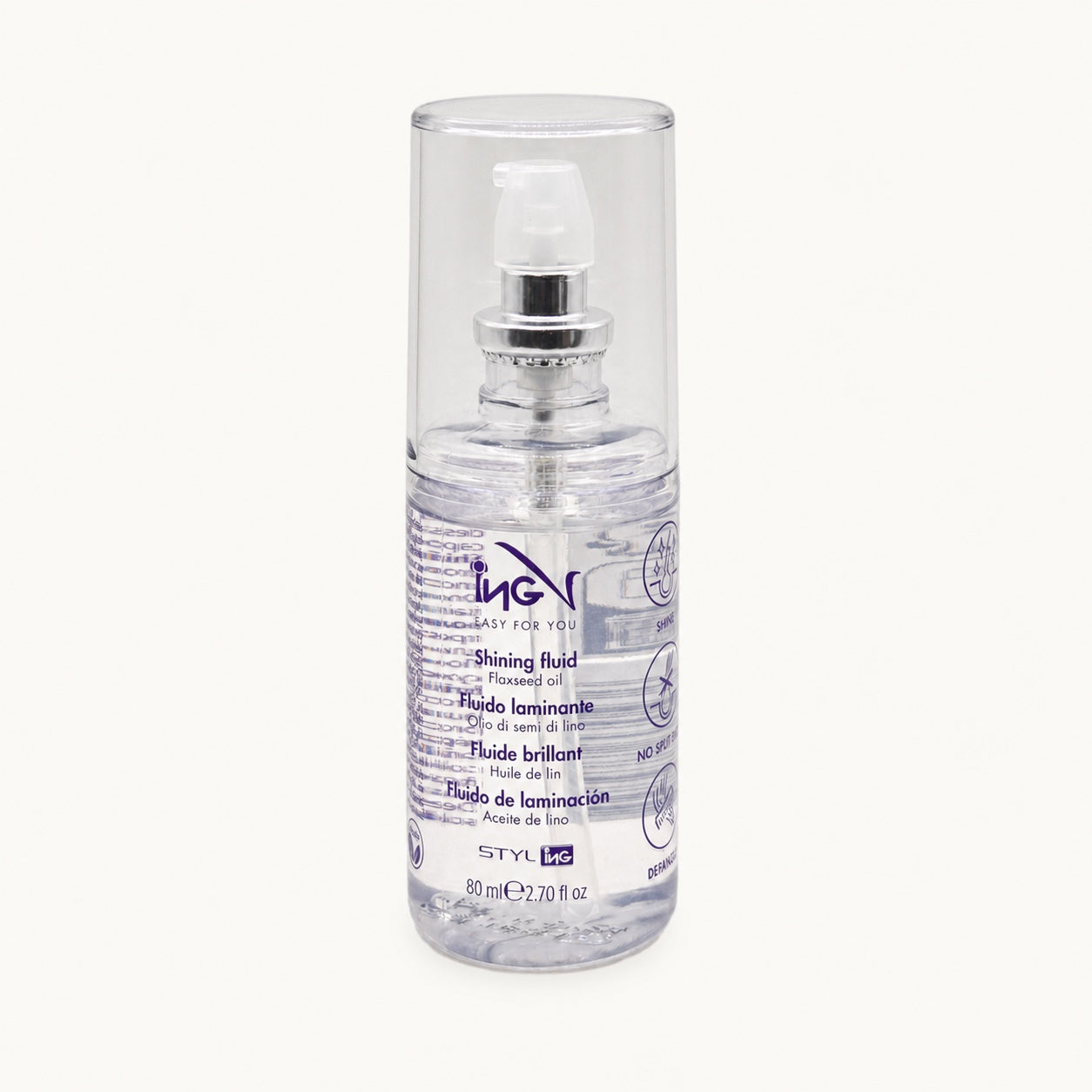ING Shining Fluid, fluido laminante lucidante olio di lino 100 ml — packshot su fondo crema