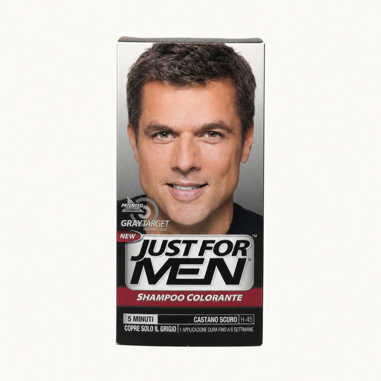 Just For Men Shampoo Colorante — scatola su fondo crema