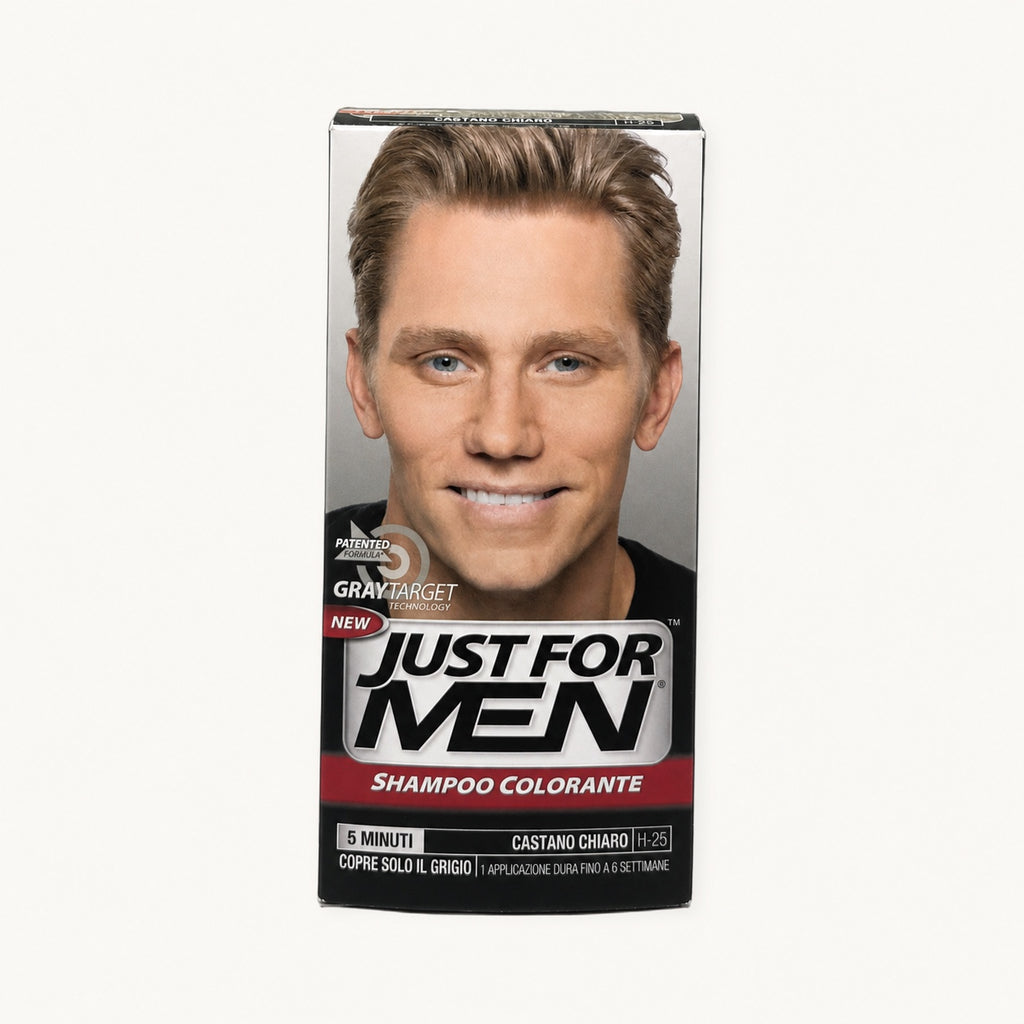 Just For Men Shampoo Colorante — scatola su fondo crema