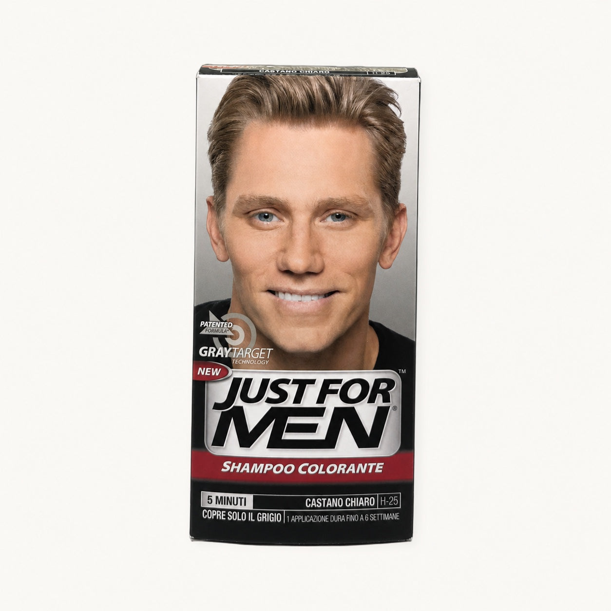 Just For Men Shampoo Colorante — scatola su fondo crema