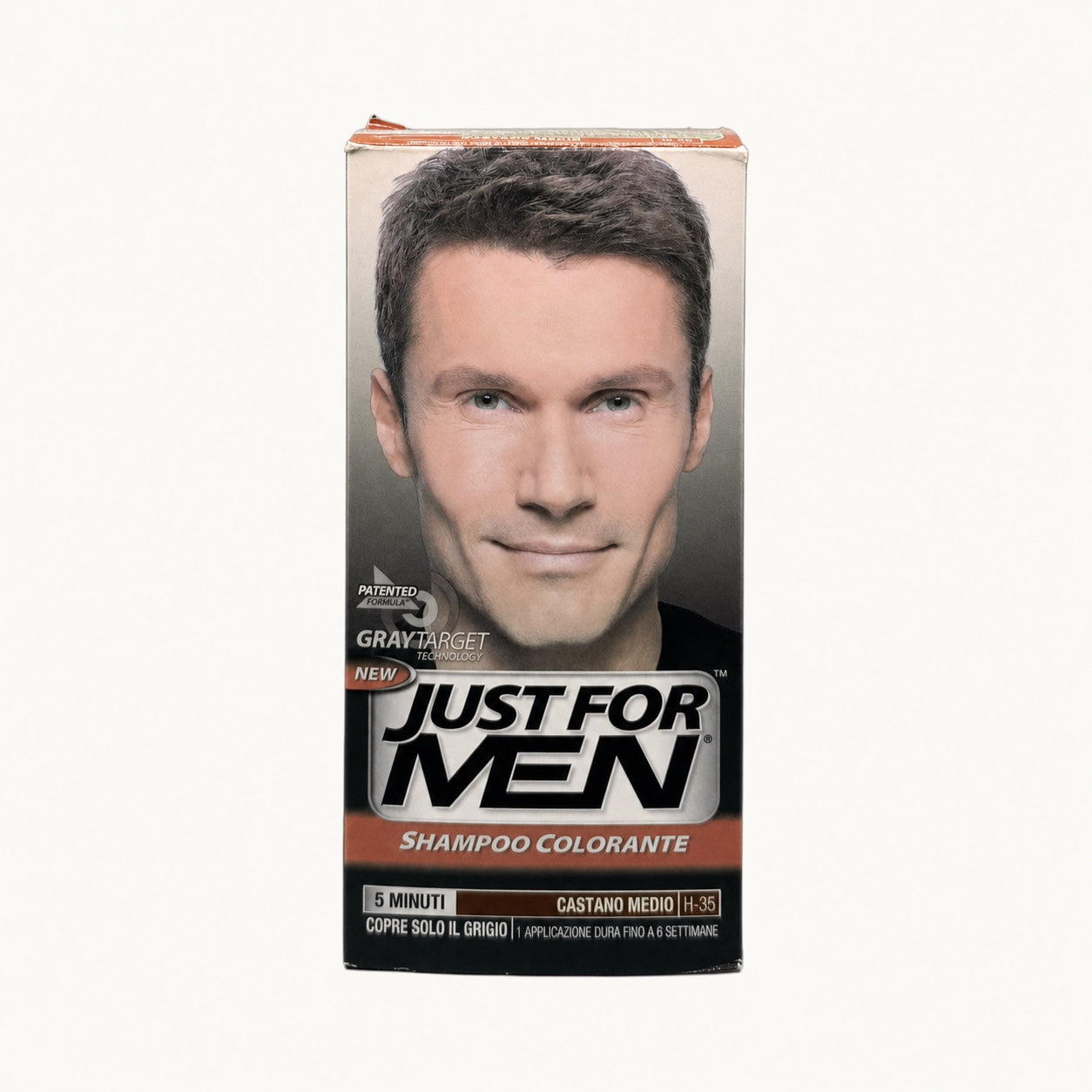 Just For Men Shampoo Colorante — scatola su fondo crema
