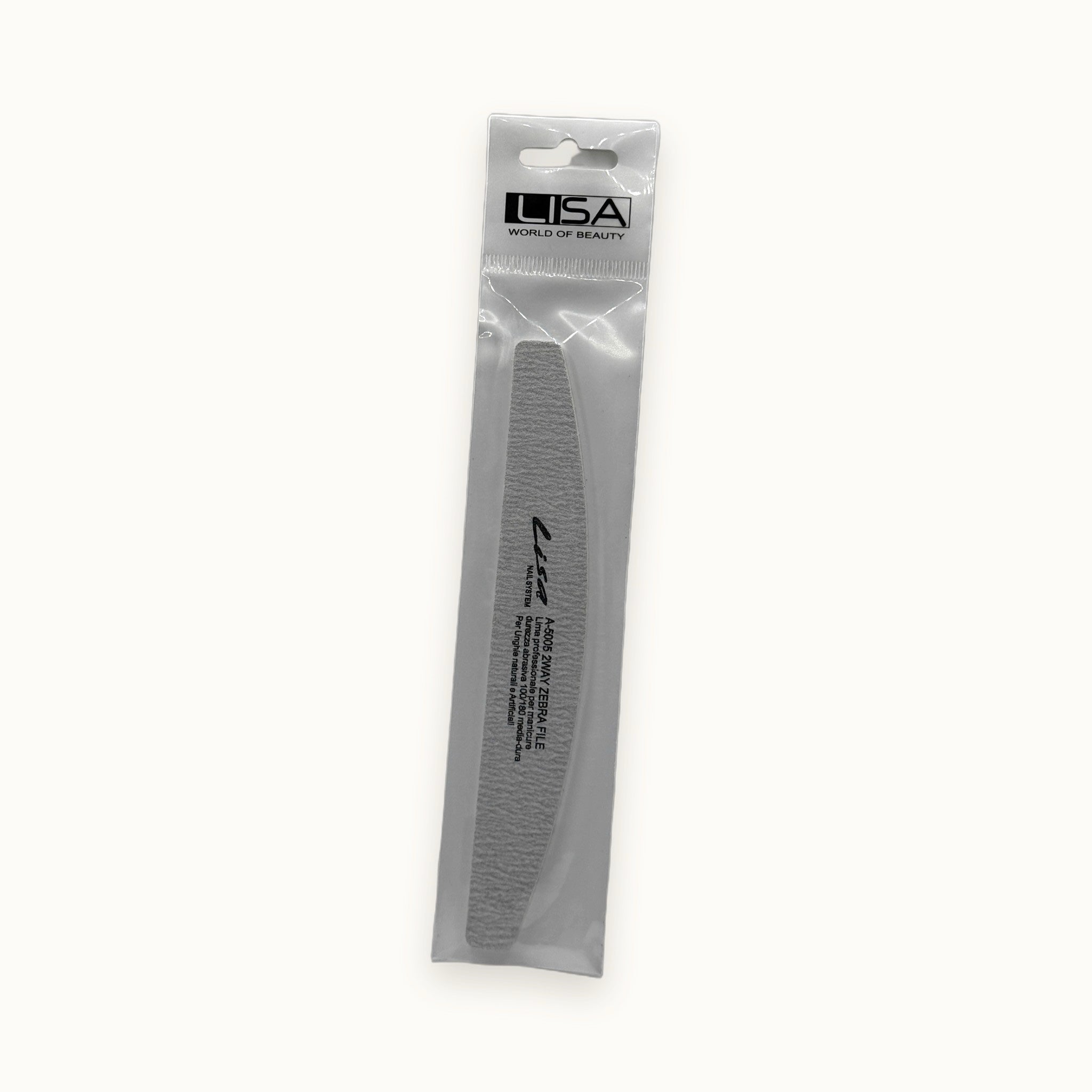 Lisa, lima per unghie professionale 2 vie zebra — packshot su fondo crema