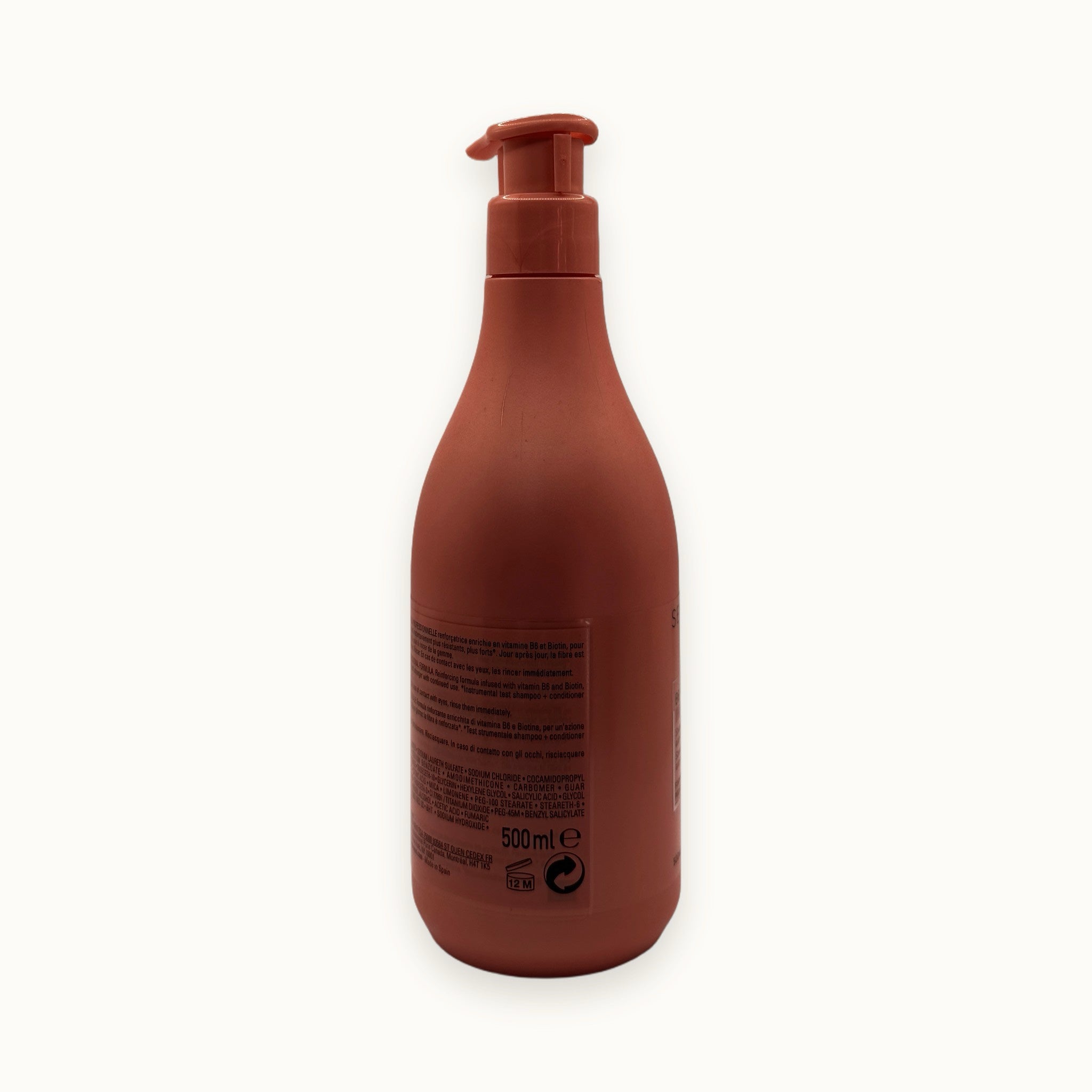 L'Oréal Série Expert Inforcer, shampoo rinforzante anti-rottura B6 biotina 500 ml — packshot su fondo crema