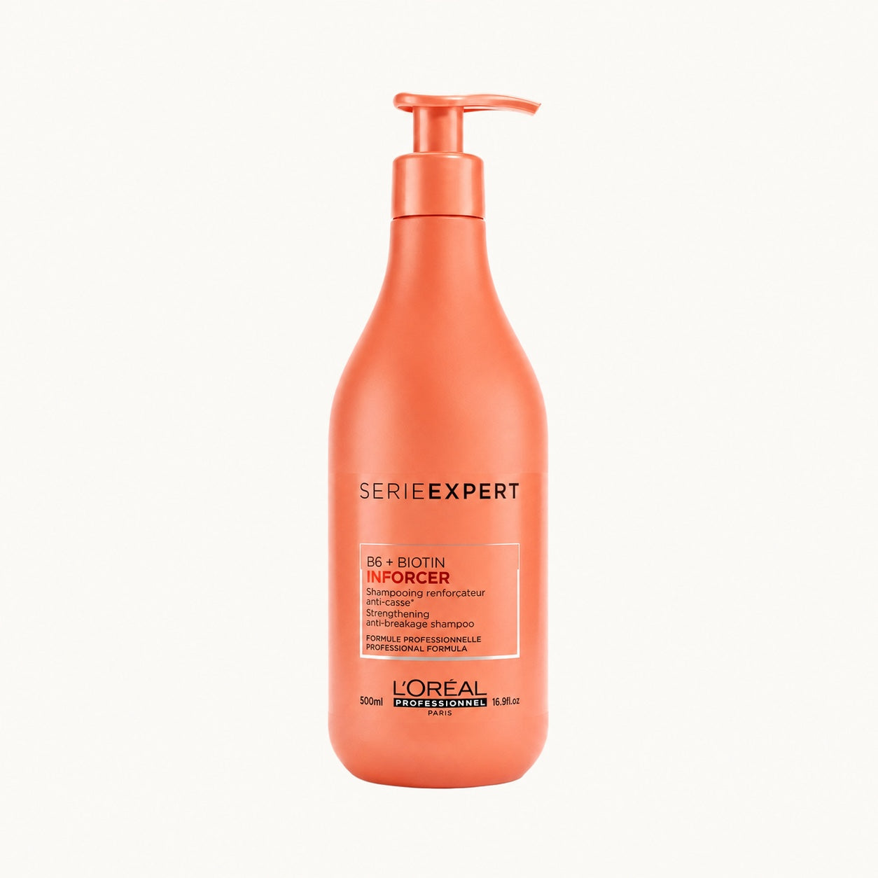 L'Oréal Série Expert Inforcer, shampoo rinforzante anti-rottura B6 biotina 500 ml — packshot su fondo crema