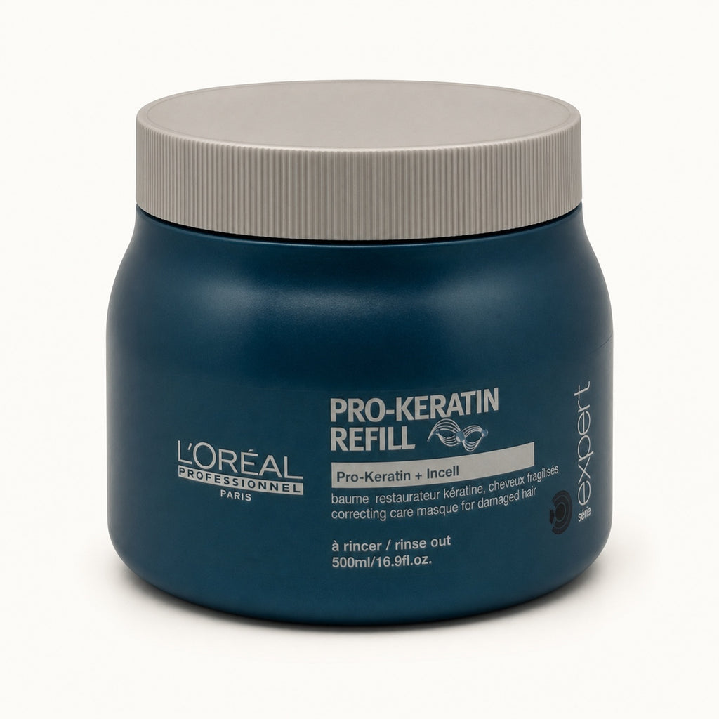 L'Oréal Série Expert Pro-Keratin Refill, maschera ristrutturante capelli danneggiati 500 ml — packshot su fondo crema