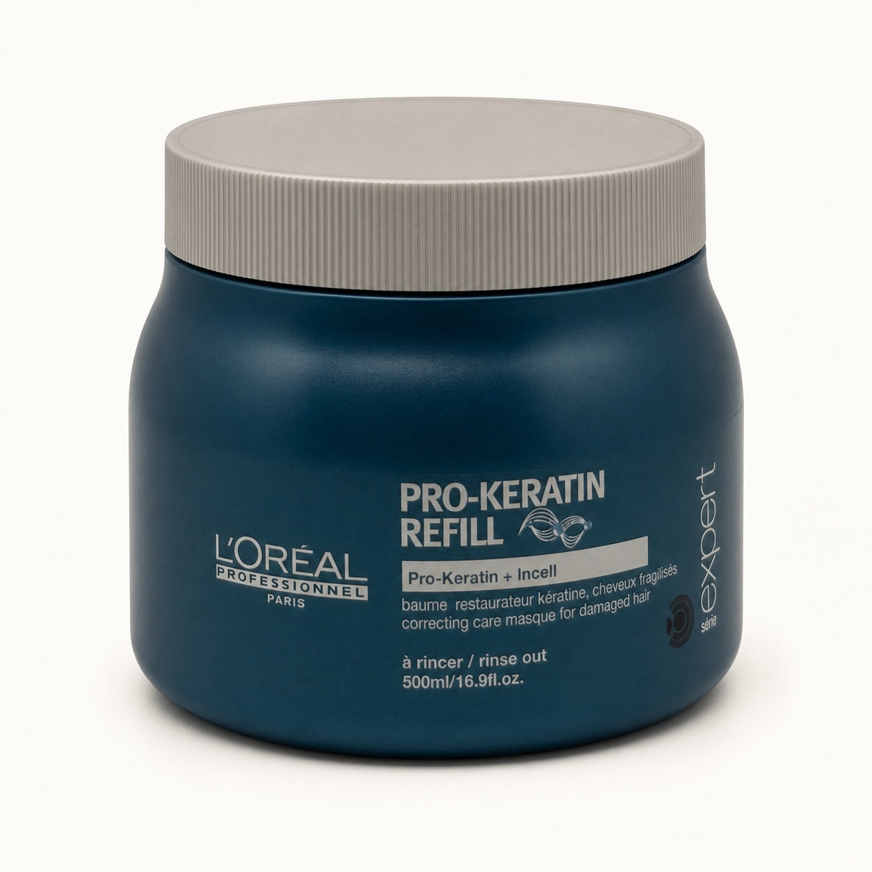 L'Oréal Série Expert Pro-Keratin Refill, maschera ristrutturante capelli danneggiati 500 ml — packshot su fondo crema