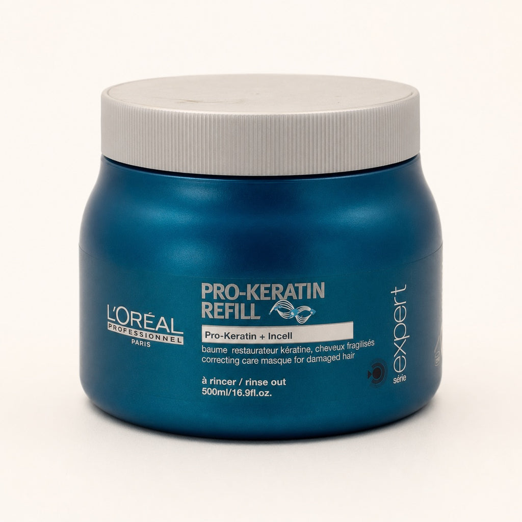 L'Oréal Série Expert Pro-Keratin Refill, maschera ristrutturante capelli danneggiati 500 ml — packshot su fondo crema