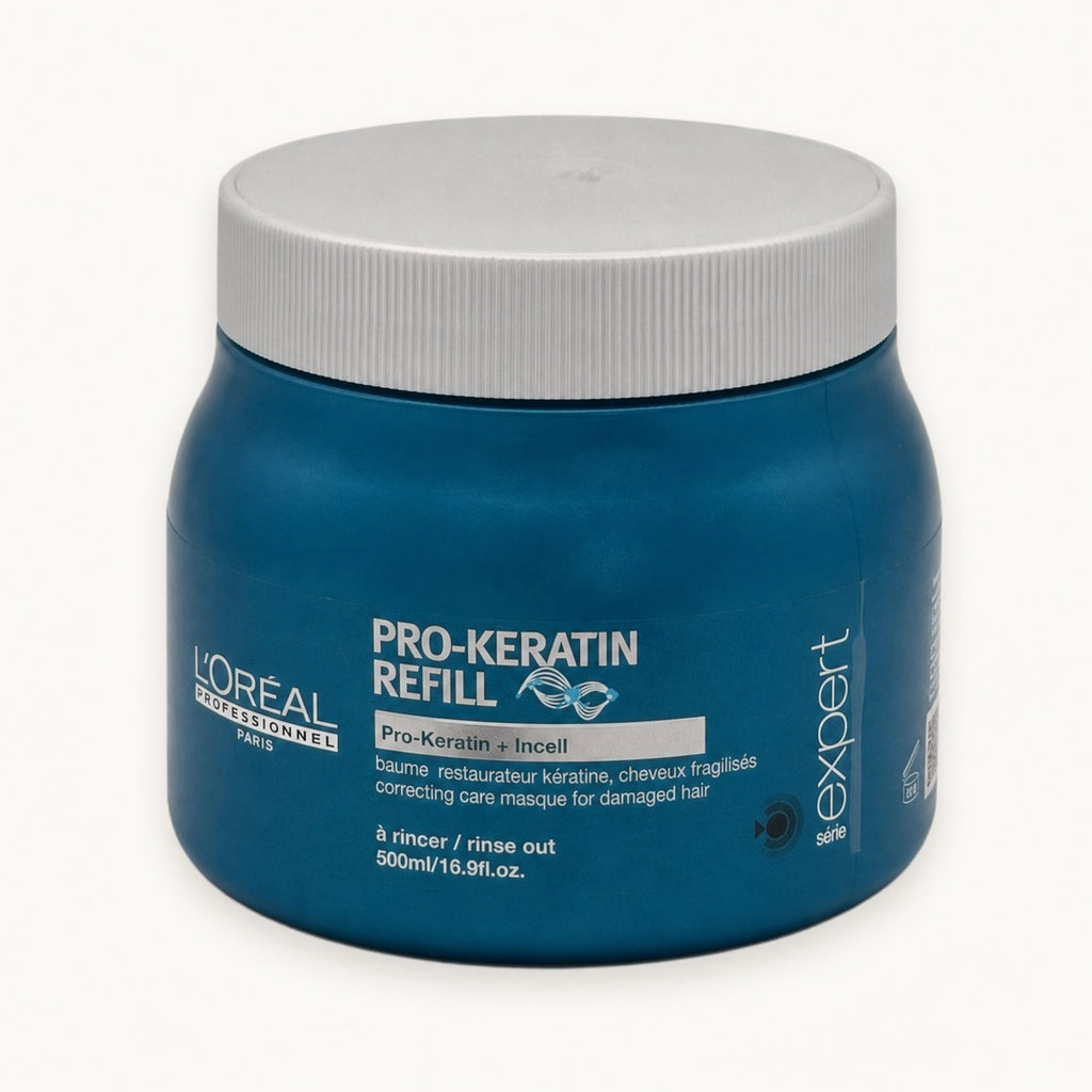 L'Oréal Série Expert Pro-Keratin Refill, maschera ristrutturante capelli danneggiati 500 ml — packshot su fondo crema