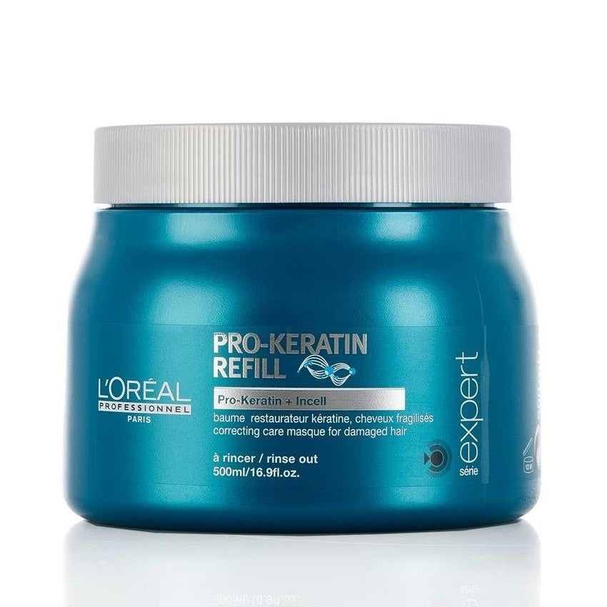 L'Oréal Série Expert Pro-Keratin Refill, maschera ristrutturante capelli danneggiati 500 ml — packshot su fondo crema