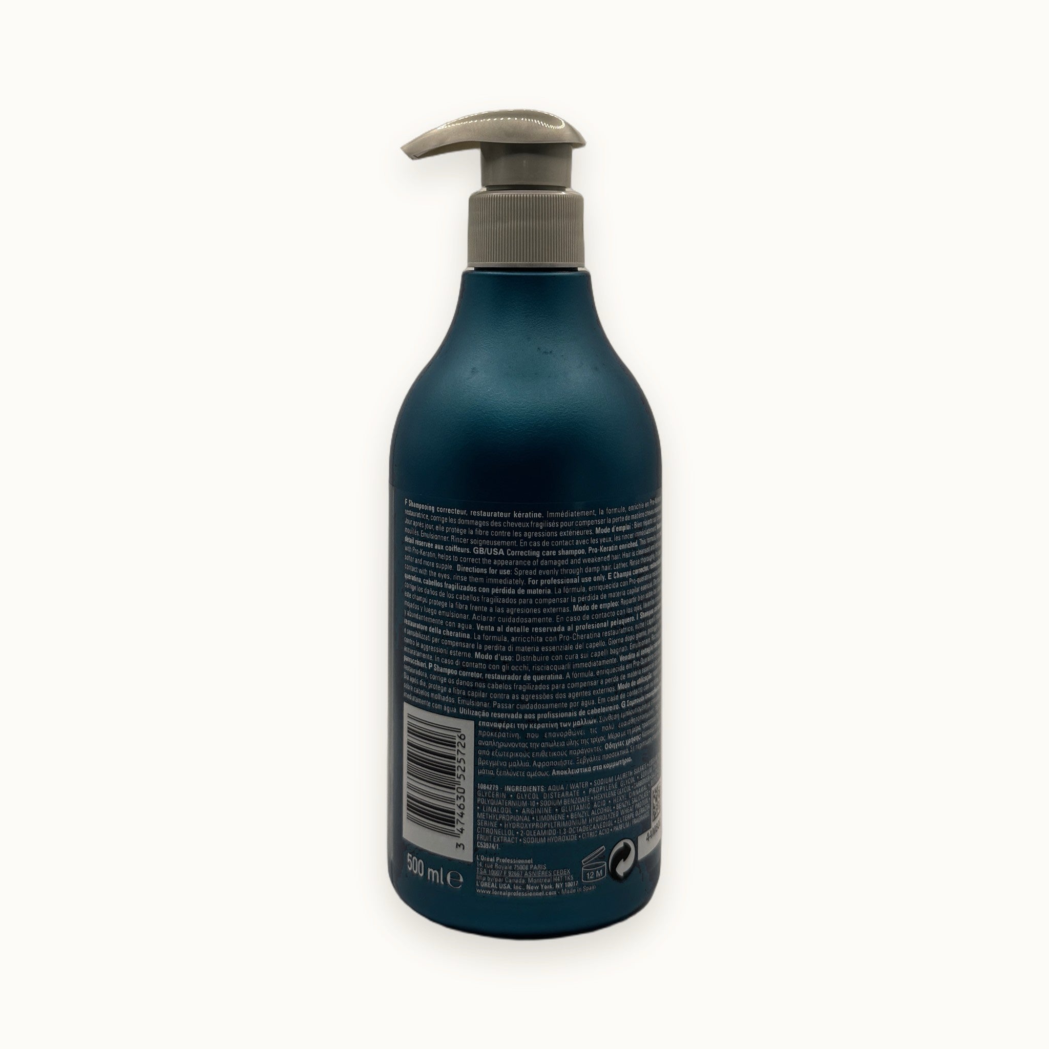 L'Oréal Série Expert Pro-Keratin Refill, shampoo ristrutturante capelli danneggiati 500 ml — packshot su fondo crema