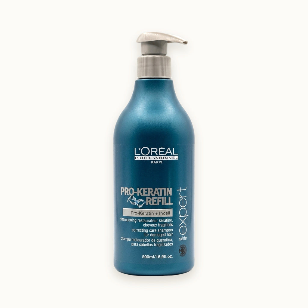 L'Oréal Série Expert Pro-Keratin Refill, shampoo ristrutturante capelli danneggiati 500 ml — packshot su fondo crema