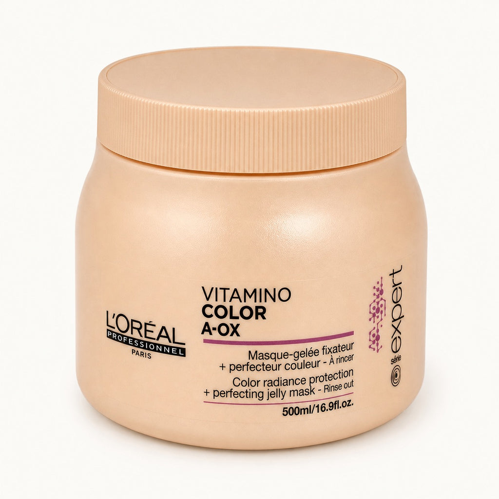L'Oréal Série Expert Vitamino Color, maschera protezione colore capelli tinti 500 ml — packshot su fondo crema