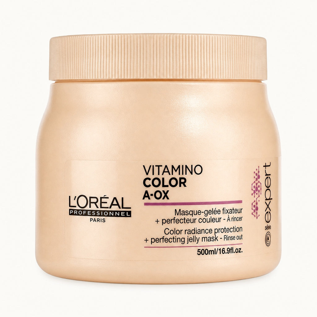 L'Oréal Série Expert Vitamino Color, maschera protezione colore capelli tinti 500 ml — packshot su fondo crema