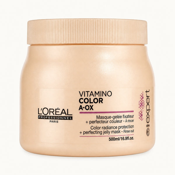 L'Oréal Série Expert Vitamino Color, maschera protezione colore capelli tinti 500 ml — packshot su fondo crema