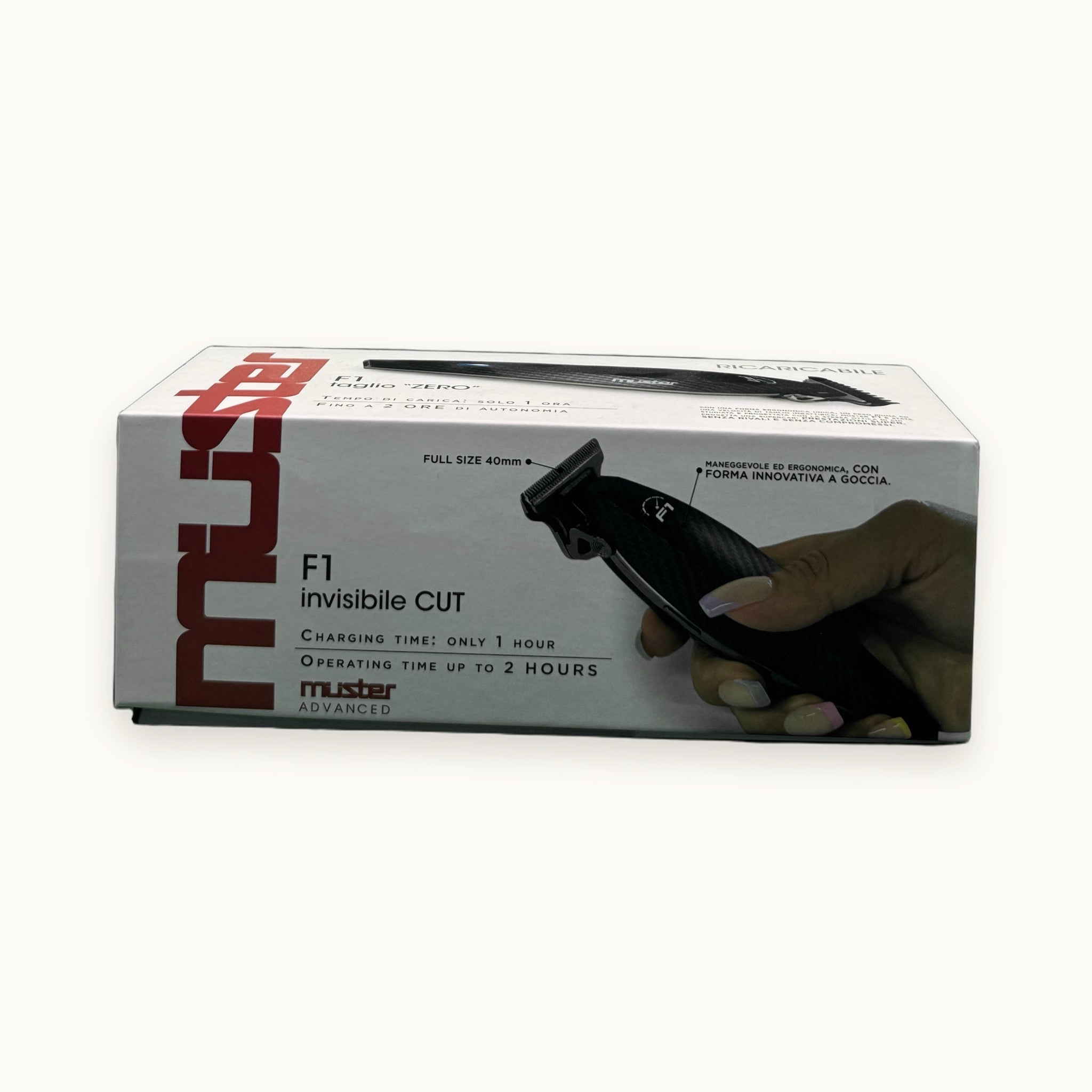 Muster Advanced F1 Invisible Cut — scatola su fondo crema