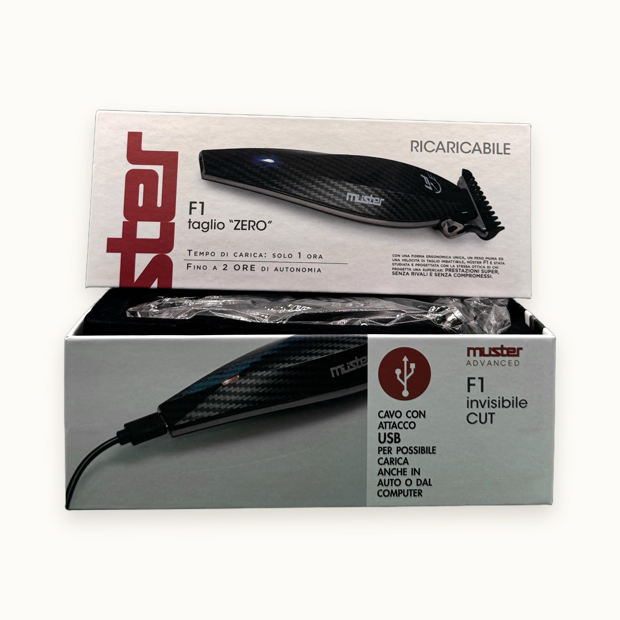 Muster Jetstar F1 Taglio Zero — scatola su fondo crema