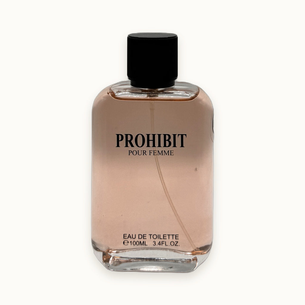 Prohibit Pour Femme, eau de toilette donna 100 ml — packshot su fondo crema