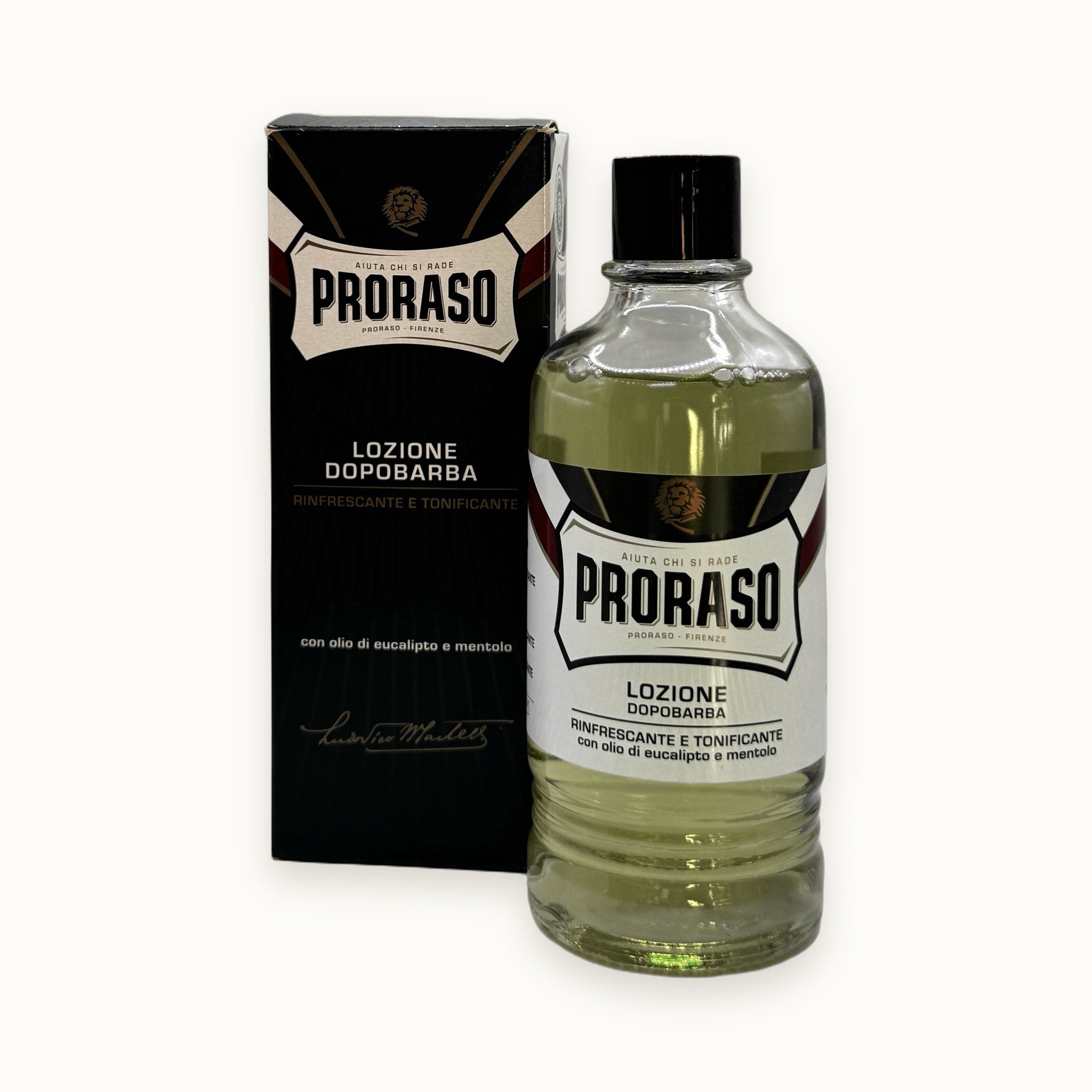 Proraso, lozione dopobarba rinfrescante linea verde 400 ml — packshot su fondo crema