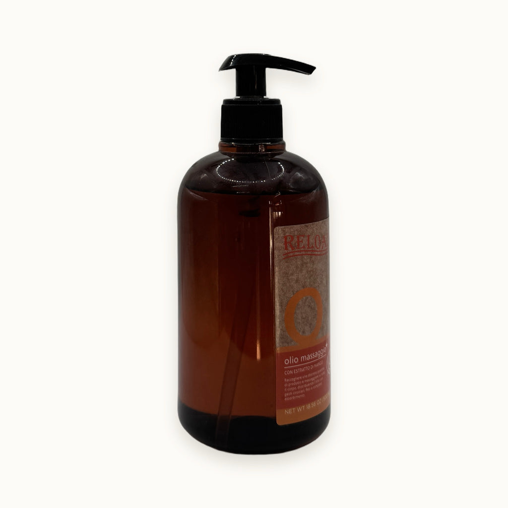 Reload Olio Massaggio+, olio da massaggio corpo mango e aloe vera — packshot su fondo crema