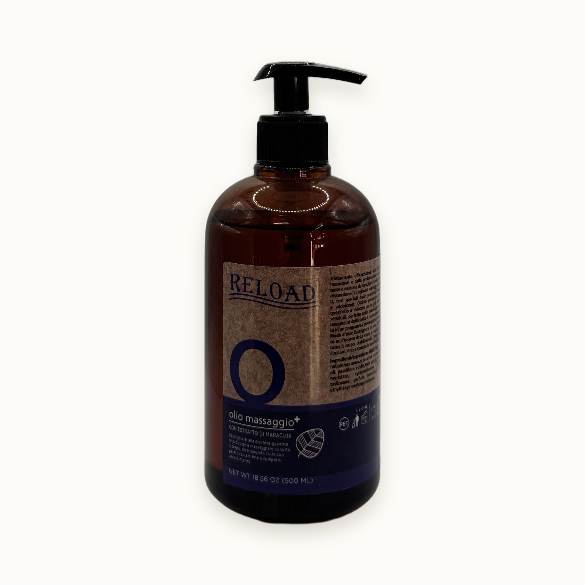 Reload Olio Massaggio+, olio da massaggio corpo mango e aloe vera — packshot su fondo crema