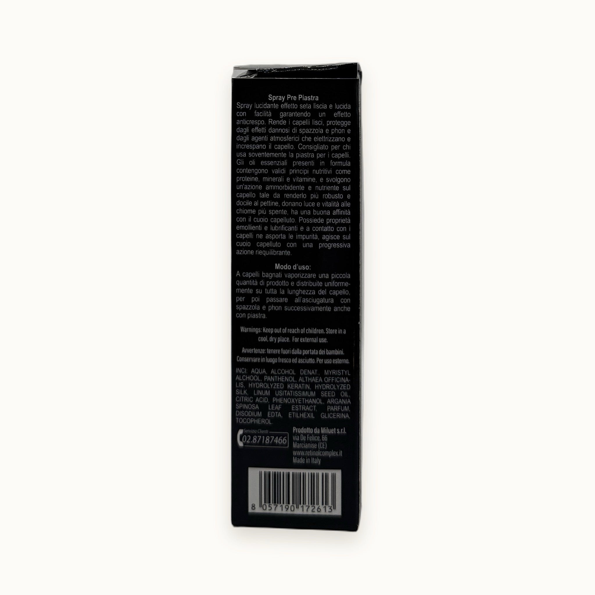 Retinol Complex, spray pre piastra termoprotettore effetto seta 100 ml — packshot su fondo crema