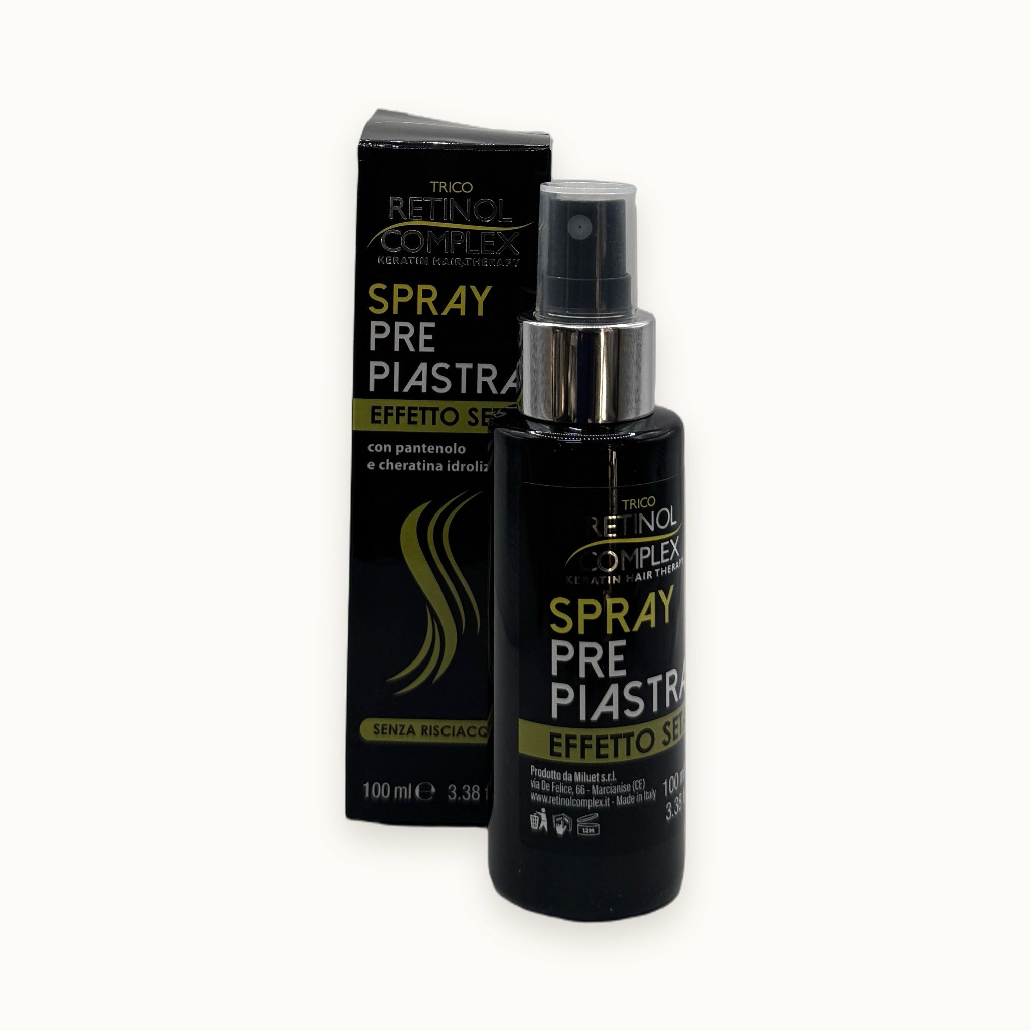 Retinol Complex, spray pre piastra termoprotettore effetto seta 100 ml — packshot su fondo crema