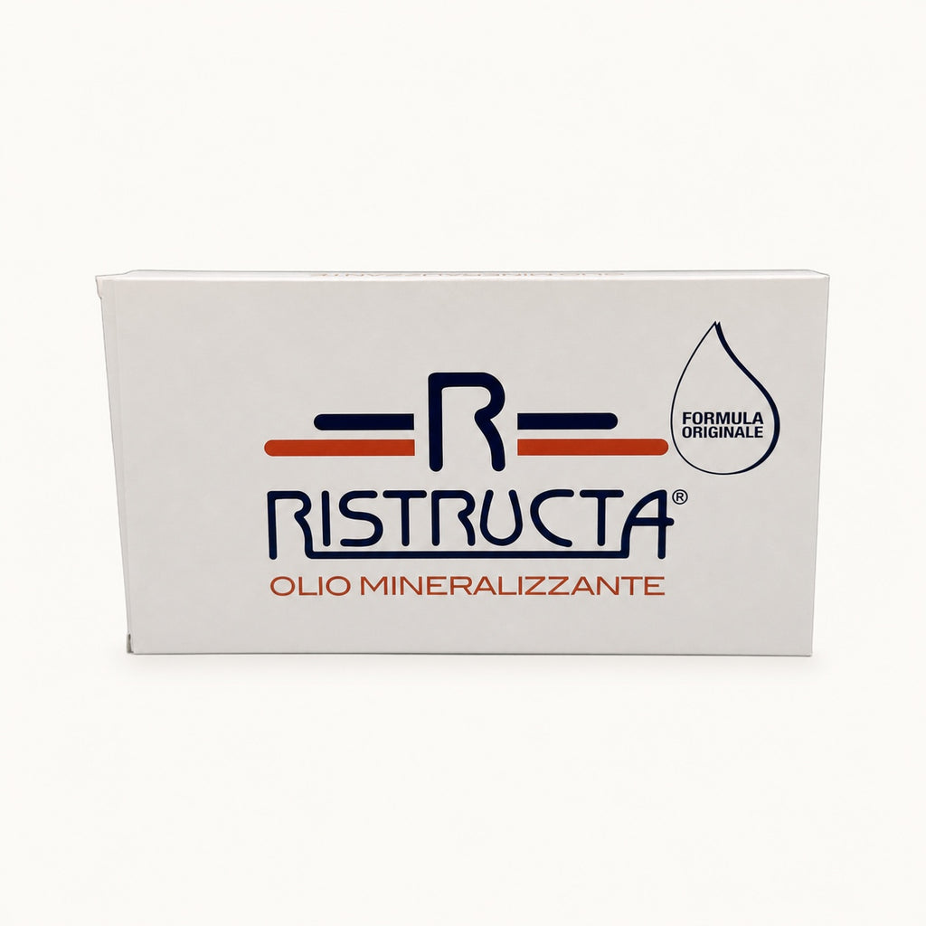 Ristructa Olio Mineralizzante fiale — scatola aperta su fondo crema