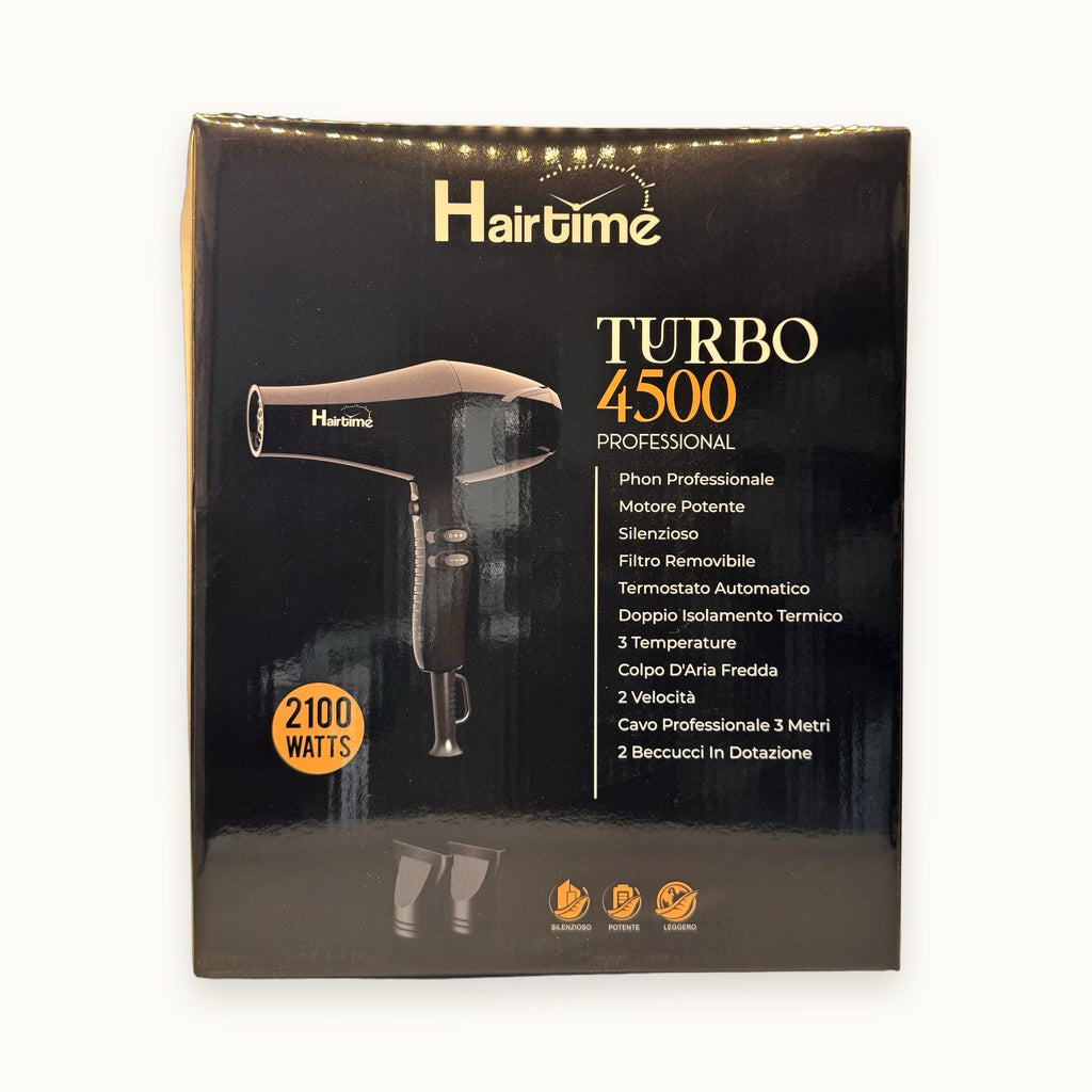 she Turbo 4500, phon asciugacapelli professionale — packshot su fondo crema