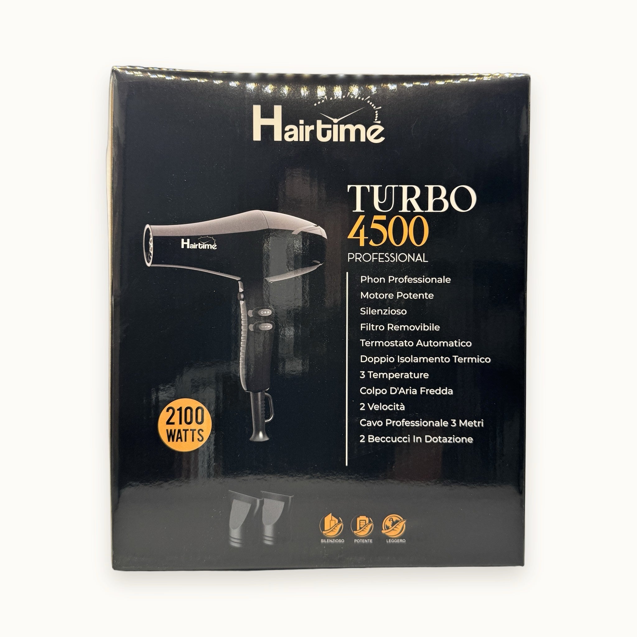 she Turbo 4500, phon asciugacapelli professionale — packshot su fondo crema