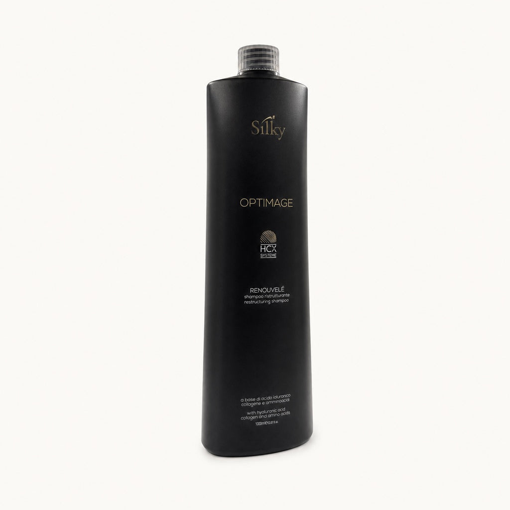 Silky Optimage Renouvelé, shampoo ristrutturante anti-età 1000 ml — packshot su fondo crema