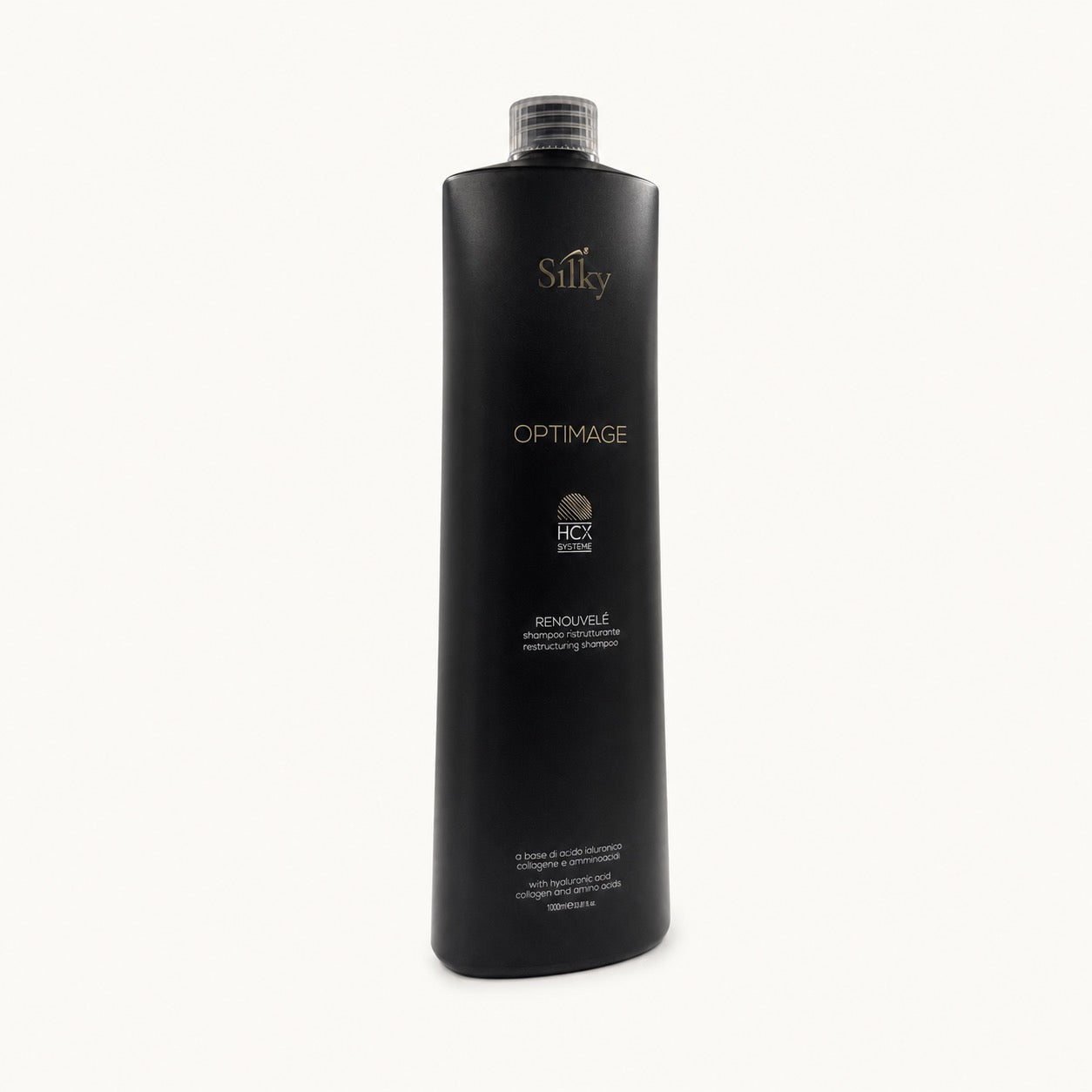 Silky Optimage Renouvelé, shampoo ristrutturante anti-età 1000 ml — packshot su fondo crema